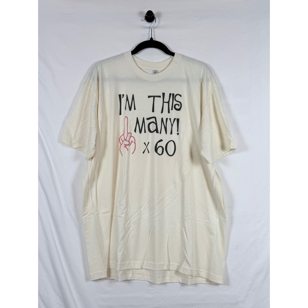60th Birthday Graphic Tee Cream Mens 2XL Funny Middle Finger Casual Oversized